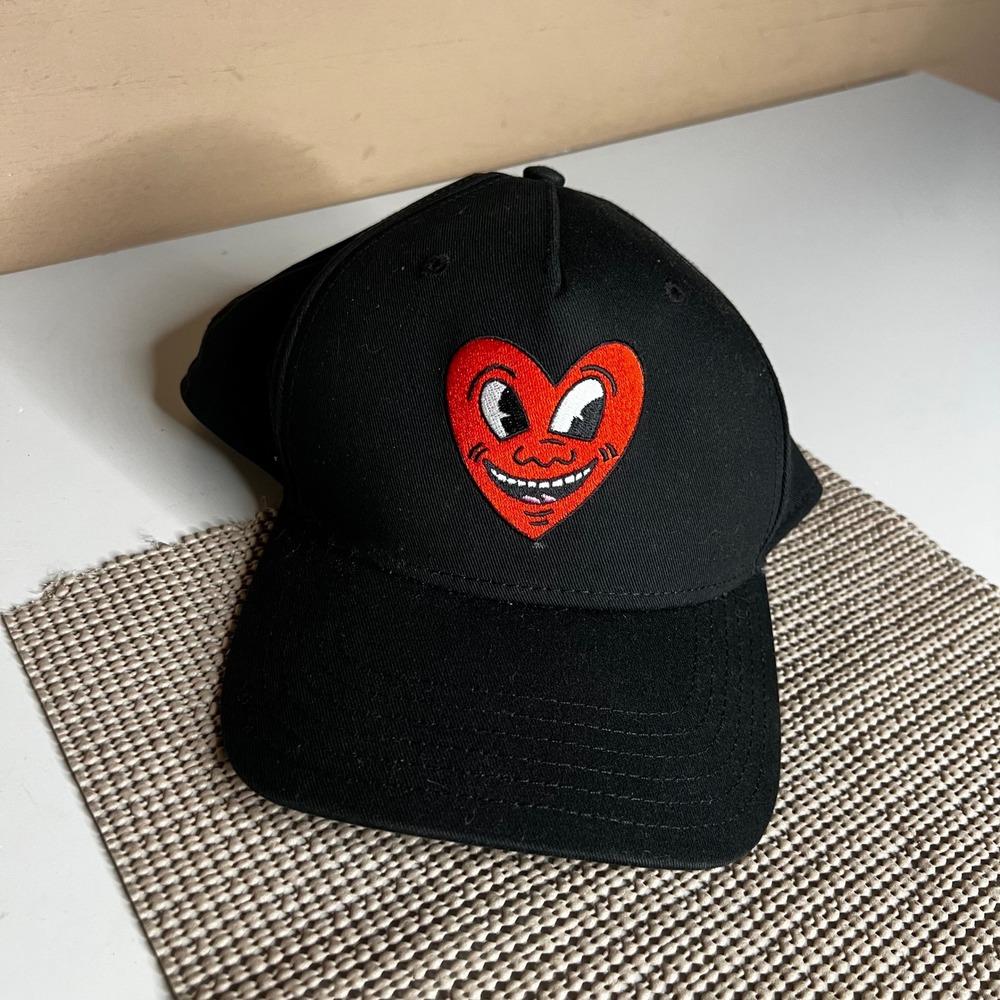 Keith Haring Heart Face Snapback Hat Black Embroidered Pop Art Baseball Cap